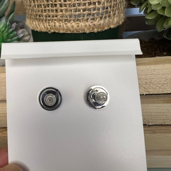 Tory Burch Britten Logo Pearl Silver Drop Earrings - Picture 3 of 3